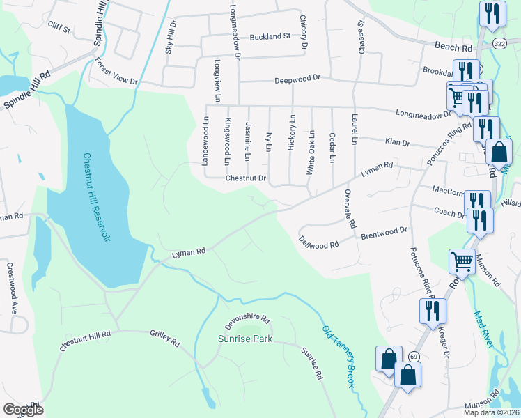 map of restaurants, bars, coffee shops, grocery stores, and more near 192-276 Lyman Road in Wolcott