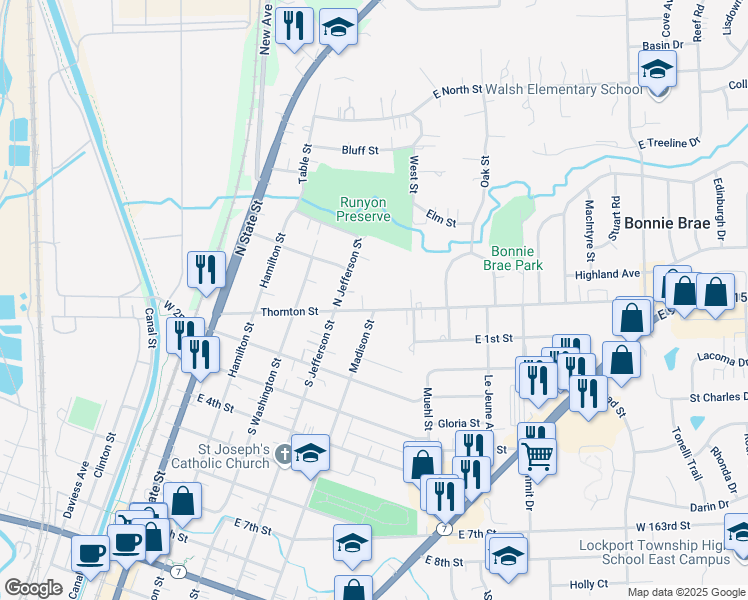 map of restaurants, bars, coffee shops, grocery stores, and more near 440 Thornton Street in Lockport