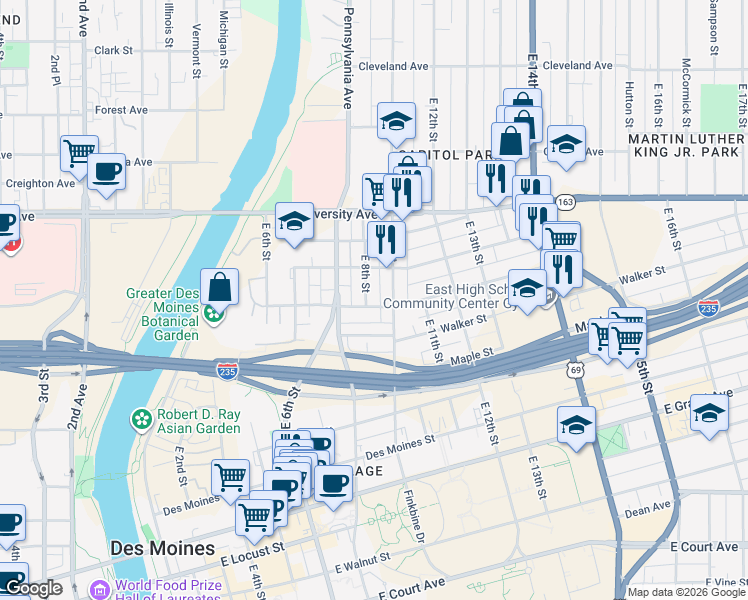 map of restaurants, bars, coffee shops, grocery stores, and more near 1019 East 8th Street in Des Moines
