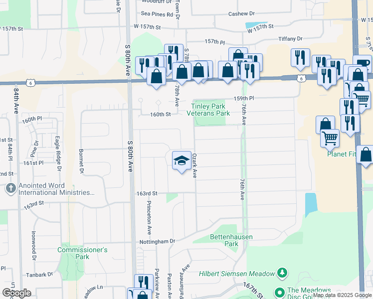 map of restaurants, bars, coffee shops, grocery stores, and more near 7819 161st Place in Tinley Park