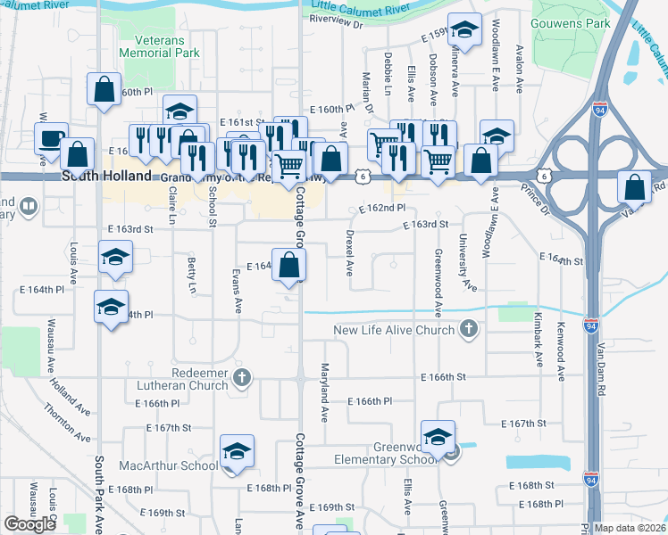 map of restaurants, bars, coffee shops, grocery stores, and more near 866 East 163rd Place in South Holland