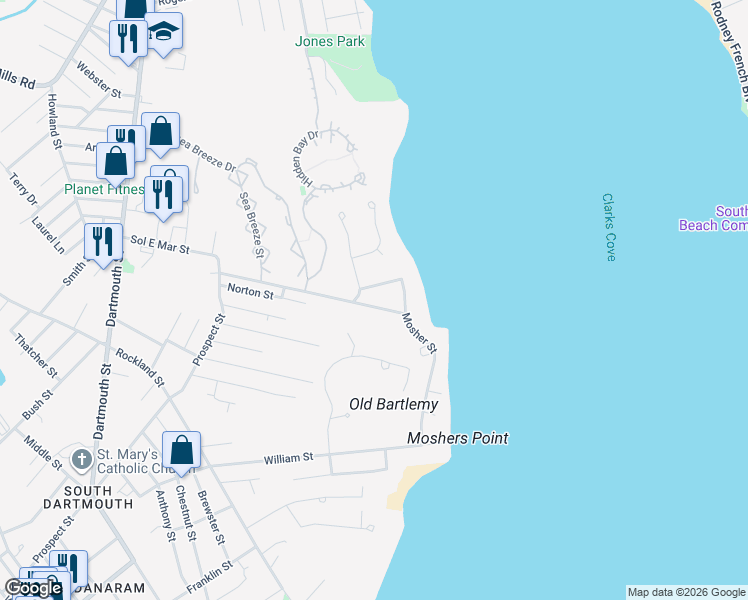 map of restaurants, bars, coffee shops, grocery stores, and more near 6 Redwood Street in Dartmouth
