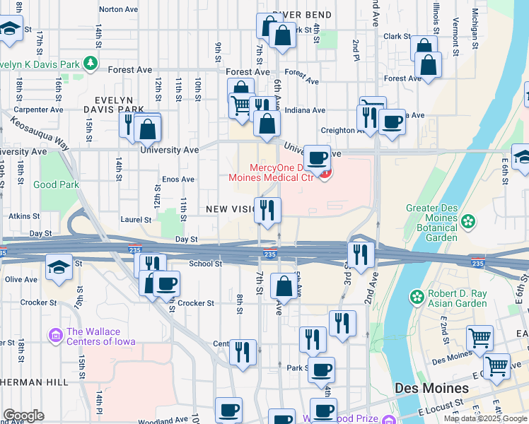 map of restaurants, bars, coffee shops, grocery stores, and more near 1105 7th Street in Des Moines