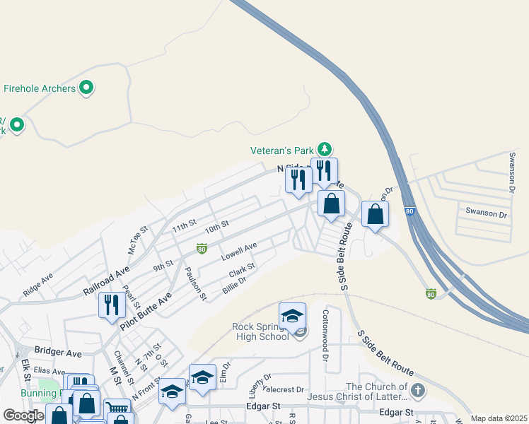 map of restaurants, bars, coffee shops, grocery stores, and more near 1416 10th St in Rock Springs