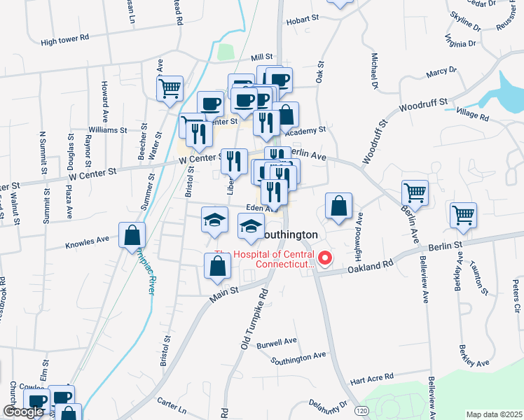 map of restaurants, bars, coffee shops, grocery stores, and more near 29 Eden Avenue in Southington