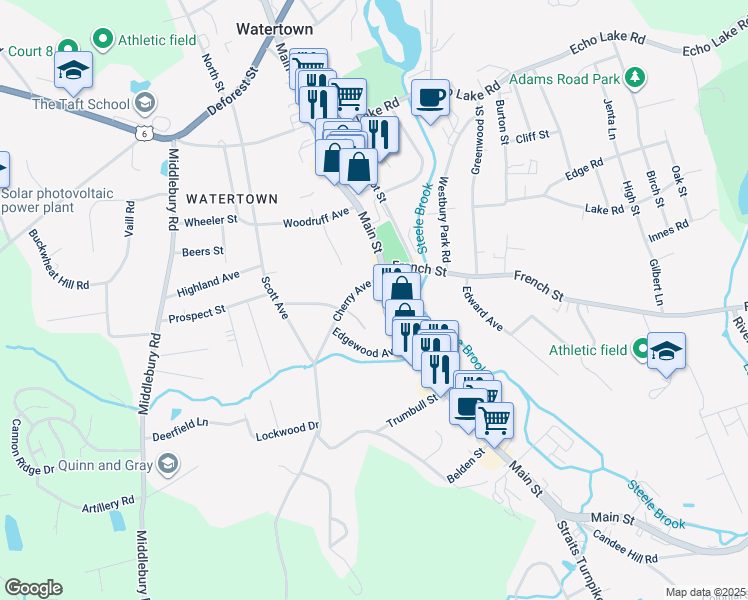 map of restaurants, bars, coffee shops, grocery stores, and more near 18 Cherry Avenue in Watertown