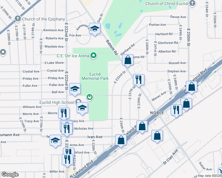 map of restaurants, bars, coffee shops, grocery stores, and more near 760 East 232nd Street in Euclid