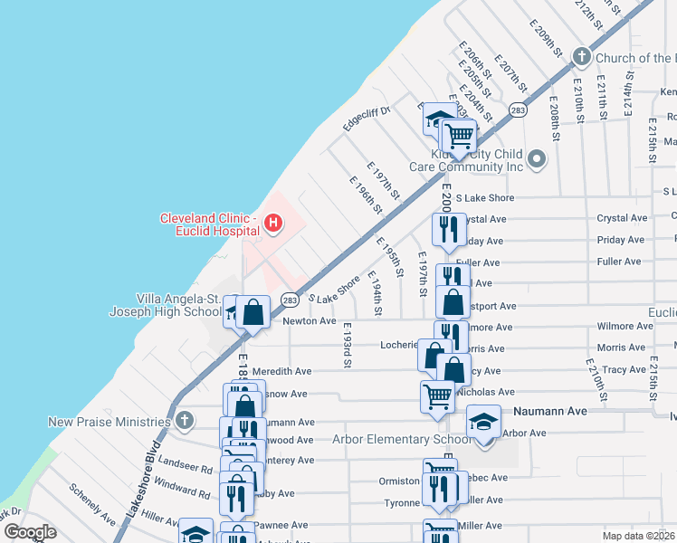 map of restaurants, bars, coffee shops, grocery stores, and more near 19151 Lakeshore Boulevard in Euclid