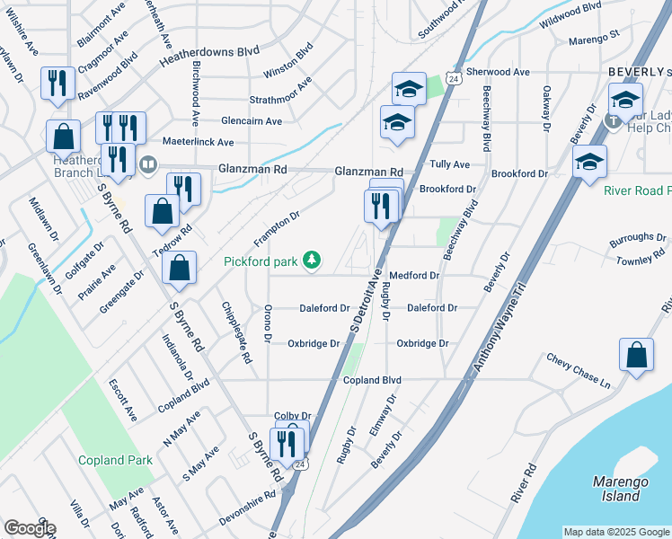 map of restaurants, bars, coffee shops, grocery stores, and more near 2841 Terrace Downs Street in Toledo