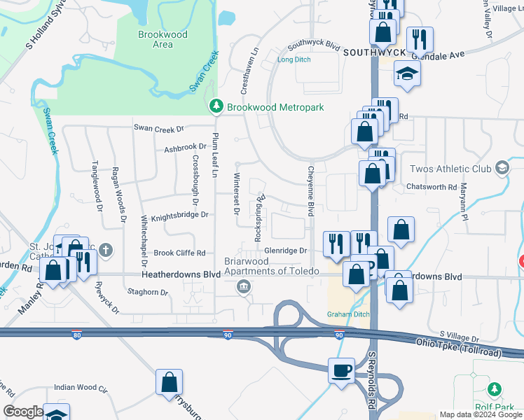 map of restaurants, bars, coffee shops, grocery stores, and more near 2311 Rockspring Road in Toledo