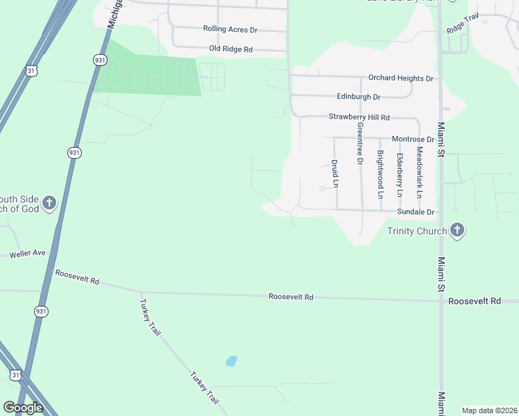 map of restaurants, bars, coffee shops, grocery stores, and more near 61637 Miami Meadows Court in South Bend