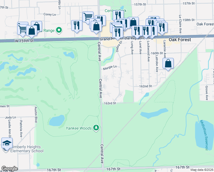 map of restaurants, bars, coffee shops, grocery stores, and more near 5527 Babette Court in Oak Forest