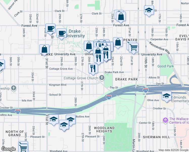 map of restaurants, bars, coffee shops, grocery stores, and more near 1100 25th Street in Des Moines