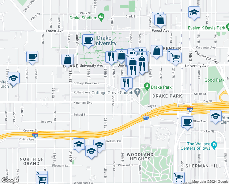map of restaurants, bars, coffee shops, grocery stores, and more near 1100 26th Street in Des Moines