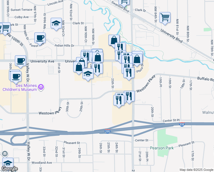 map of restaurants, bars, coffee shops, grocery stores, and more near 1600-1898 25th St in West Des Moines