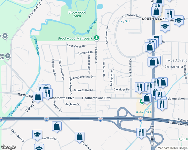 map of restaurants, bars, coffee shops, grocery stores, and more near 2315 Plum Leaf Lane in Toledo