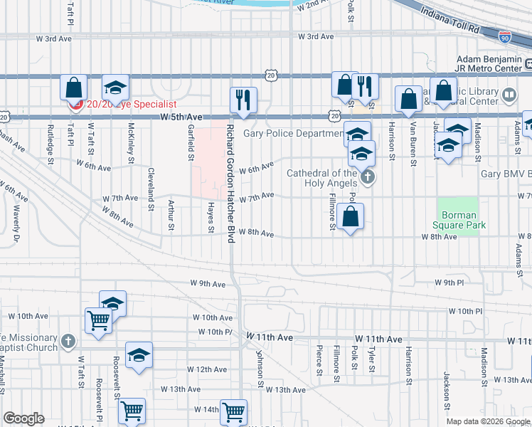 map of restaurants, bars, coffee shops, grocery stores, and more near 709 johnson Street in Gary