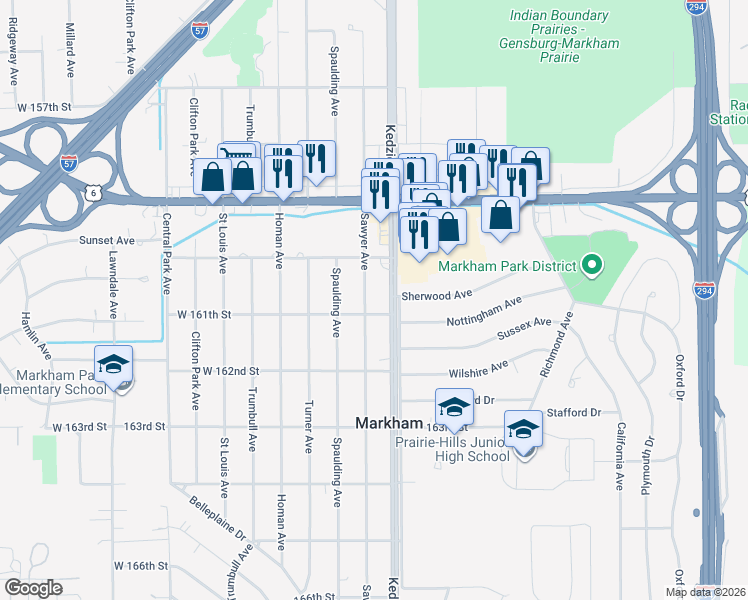 map of restaurants, bars, coffee shops, grocery stores, and more near 16034 Sawyer Avenue in Markham