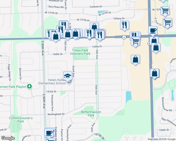 map of restaurants, bars, coffee shops, grocery stores, and more near 7633 161st Street in Tinley Park
