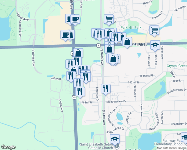 map of restaurants, bars, coffee shops, grocery stores, and more near 16057 Boardwalk Lane in Orland Park