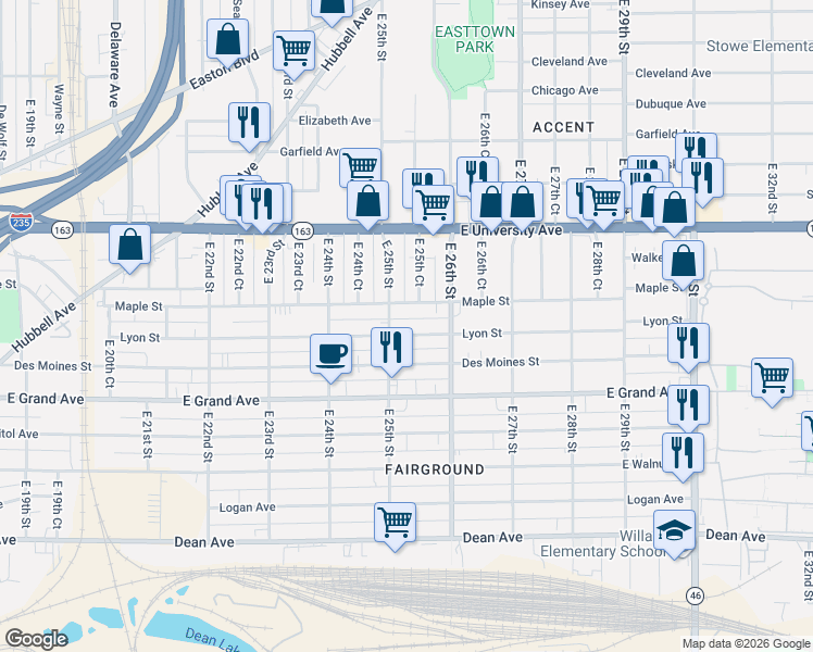 map of restaurants, bars, coffee shops, grocery stores, and more near 2505 Maple Street in Des Moines