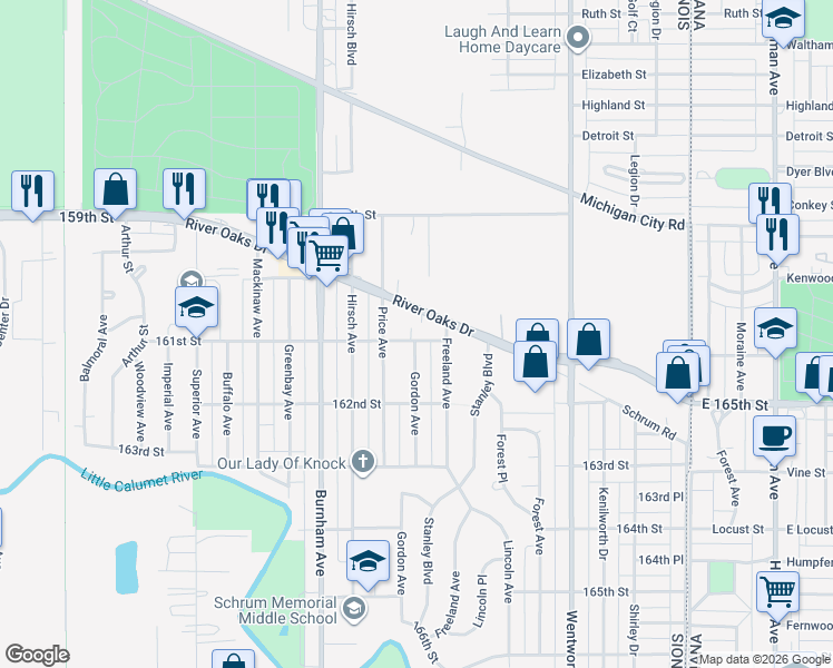 map of restaurants, bars, coffee shops, grocery stores, and more near 293 River Oaks Drive in Calumet City