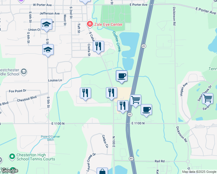 map of restaurants, bars, coffee shops, grocery stores, and more near 126 Venturi Drive in Chesterton
