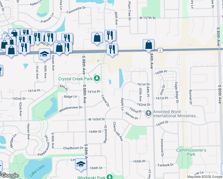 map of restaurants, bars, coffee shops, grocery stores, and more near 16134 Creekmont Court in Tinley Park