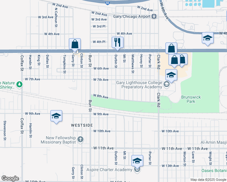 map of restaurants, bars, coffee shops, grocery stores, and more near 754 Durbin Street in Gary