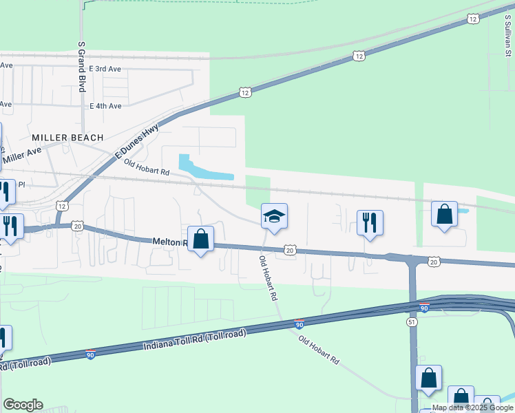 map of restaurants, bars, coffee shops, grocery stores, and more near 7300 Melton Road in Gary