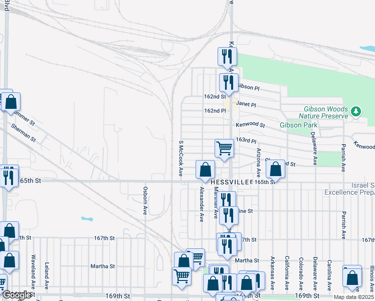 map of restaurants, bars, coffee shops, grocery stores, and more near 2625 Cleveland Street in Hammond