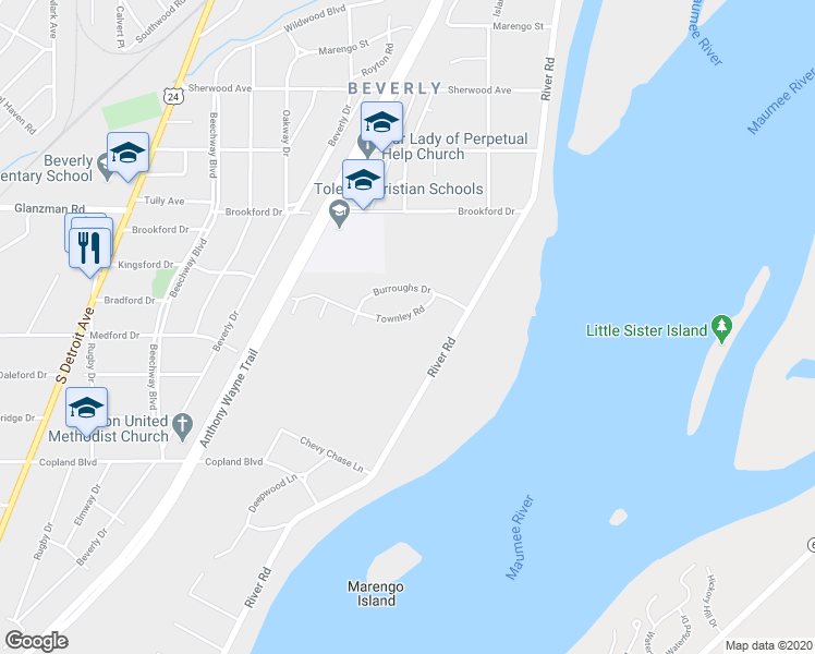 map of restaurants, bars, coffee shops, grocery stores, and more near 2233 Townley Road in Toledo