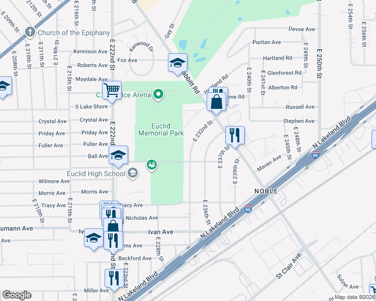 map of restaurants, bars, coffee shops, grocery stores, and more near 760 East 232nd Street in Euclid