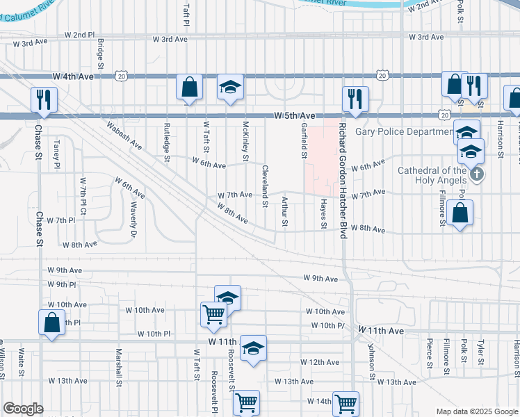 map of restaurants, bars, coffee shops, grocery stores, and more near 1933 West 7th Avenue in Gary