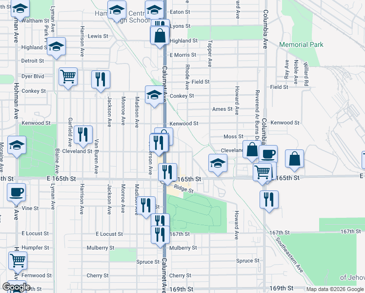 map of restaurants, bars, coffee shops, grocery stores, and more near 6339 Euclid Avenue in Hammond