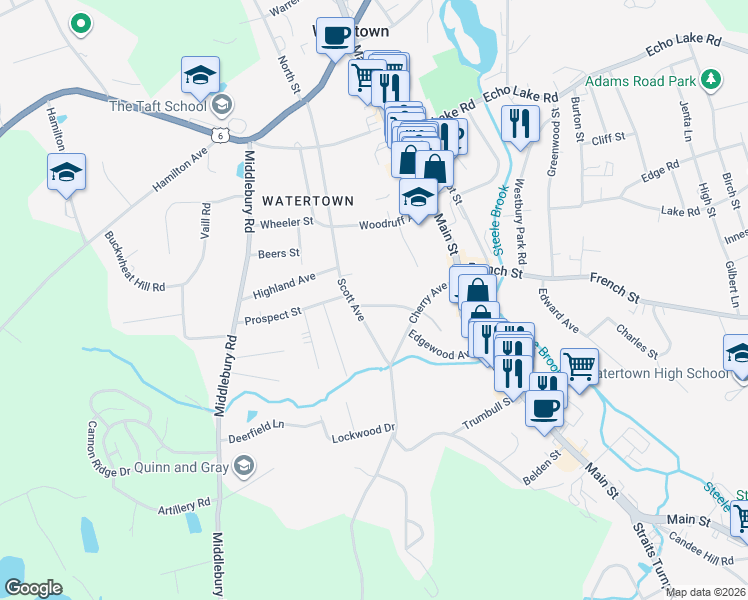 map of restaurants, bars, coffee shops, grocery stores, and more near 52 Catherine Street in Watertown