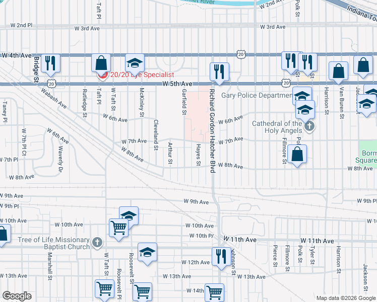 map of restaurants, bars, coffee shops, grocery stores, and more near 708 Hayes Street in Gary