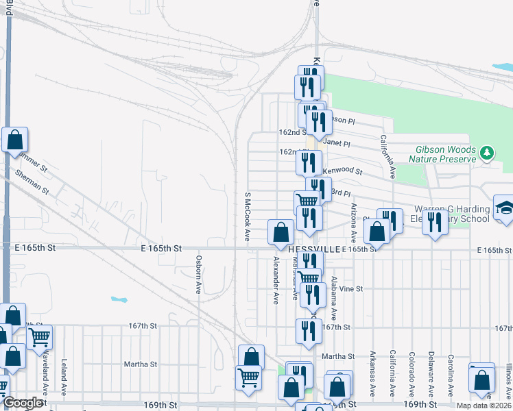 map of restaurants, bars, coffee shops, grocery stores, and more near 2634 163rd Place in Hammond