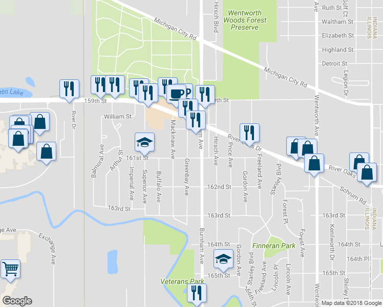 map of restaurants, bars, coffee shops, grocery stores, and more near 1291 Greenbay Avenue Rear in Calumet City