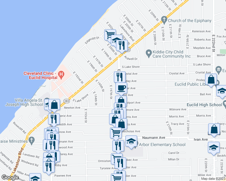 map of restaurants, bars, coffee shops, grocery stores, and more near 299 East 197th Street in Euclid