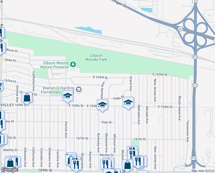 map of restaurants, bars, coffee shops, grocery stores, and more near 6398 Maryland Avenue in Hammond