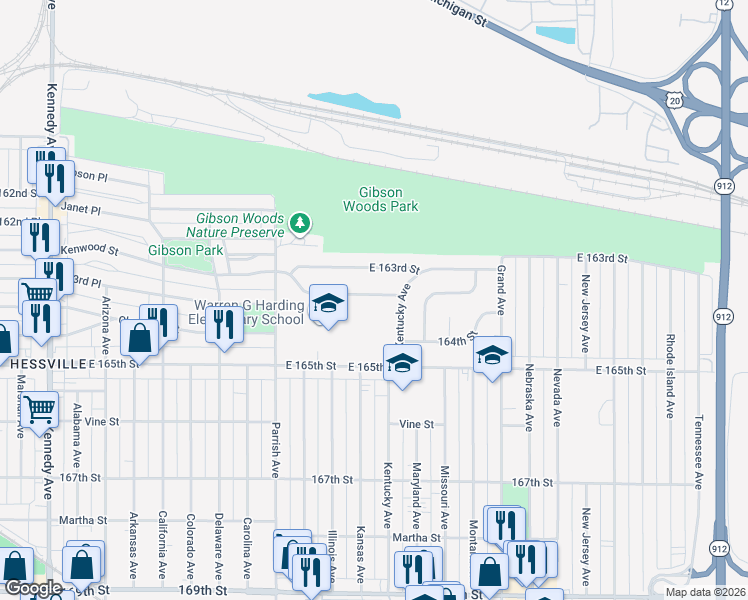 map of restaurants, bars, coffee shops, grocery stores, and more near 3403 Kenwood Street in Hammond