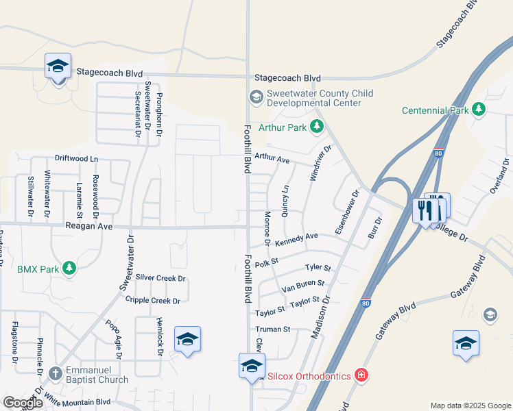 map of restaurants, bars, coffee shops, grocery stores, and more near 2018 Carter Avenue in Rock Springs