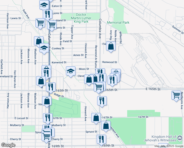 map of restaurants, bars, coffee shops, grocery stores, and more near 1134 Moss Street in Hammond