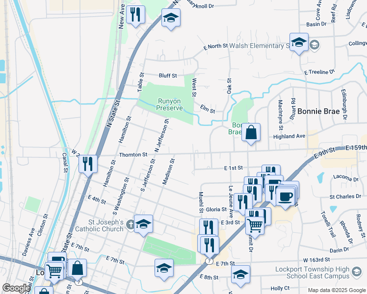 map of restaurants, bars, coffee shops, grocery stores, and more near 440 Thornton Street in Lockport