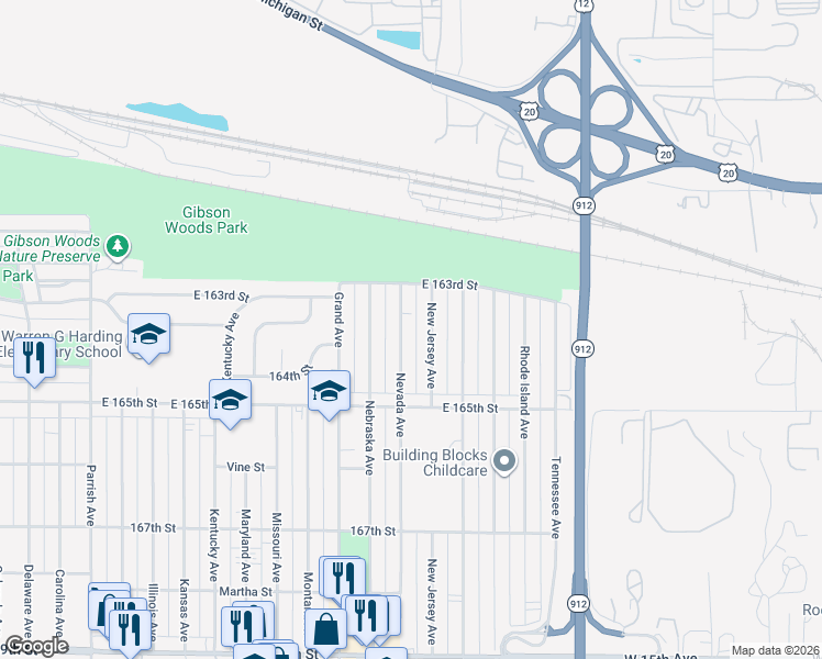 map of restaurants, bars, coffee shops, grocery stores, and more near 6335 Nevada Avenue in Hammond