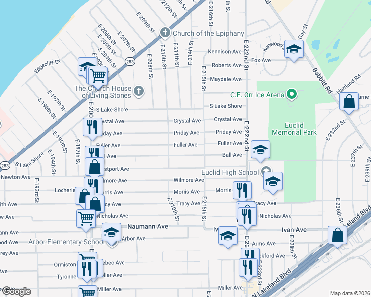 map of restaurants, bars, coffee shops, grocery stores, and more near 21271 Fuller Avenue in Euclid