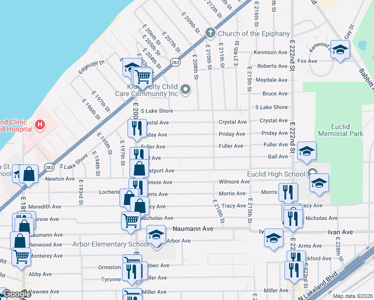 map of restaurants, bars, coffee shops, grocery stores, and more near 20801 Fuller Avenue in Euclid
