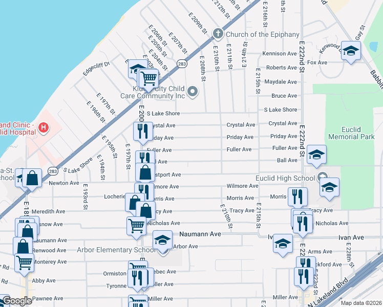 map of restaurants, bars, coffee shops, grocery stores, and more near 20801 Fuller Avenue in Euclid