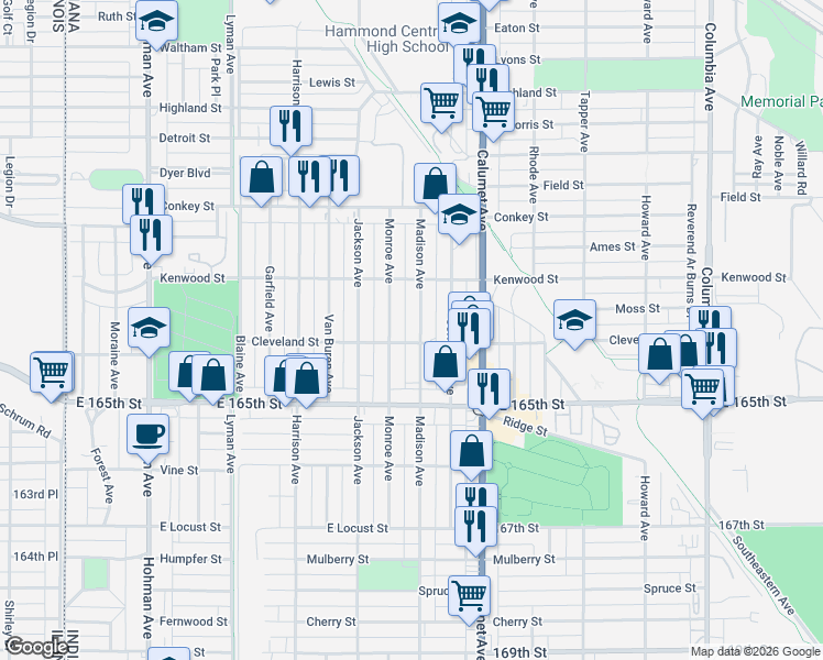 map of restaurants, bars, coffee shops, grocery stores, and more near 6336 Madison Avenue in Hammond